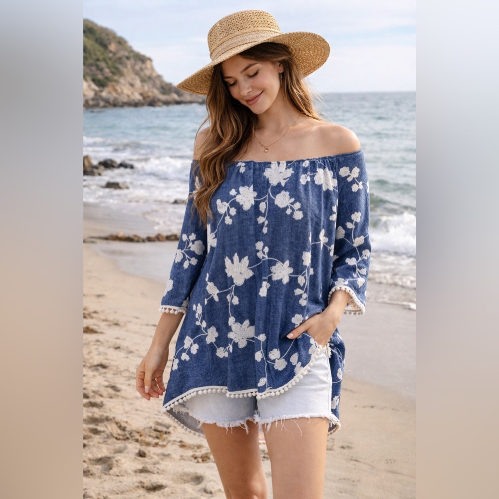 SJS Denim Blue Floral Embroidered Off-Shoulder Tunic with White Pom-Pom Trim